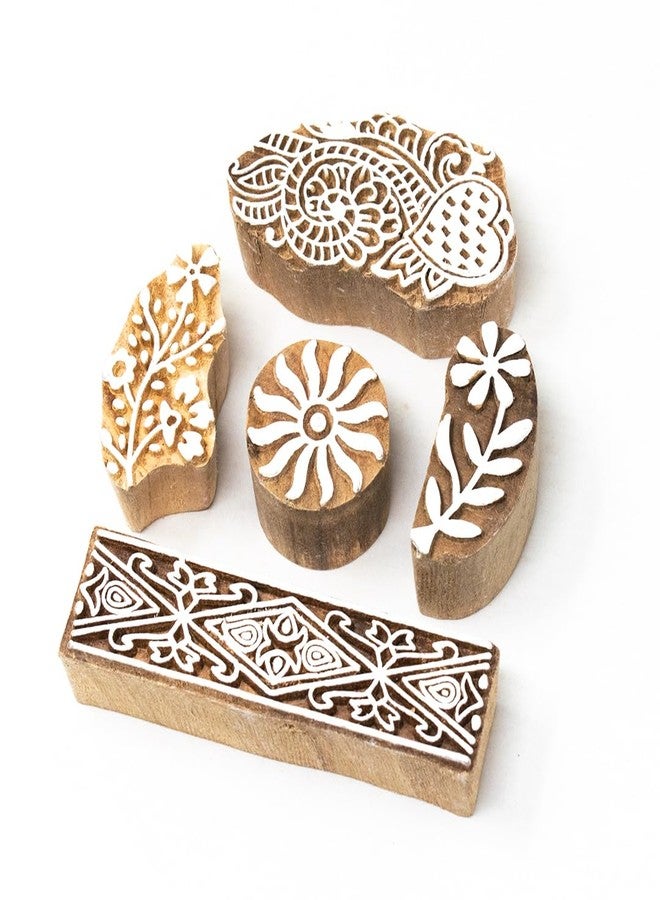 Hashcart Wooden Stamp Block, Printing Stamp Design | Set of 5 | Block for Printing Saree Border | Dresses, Craft Card Making, Scrapbook, Clay Pottery Hashcart - Image 1